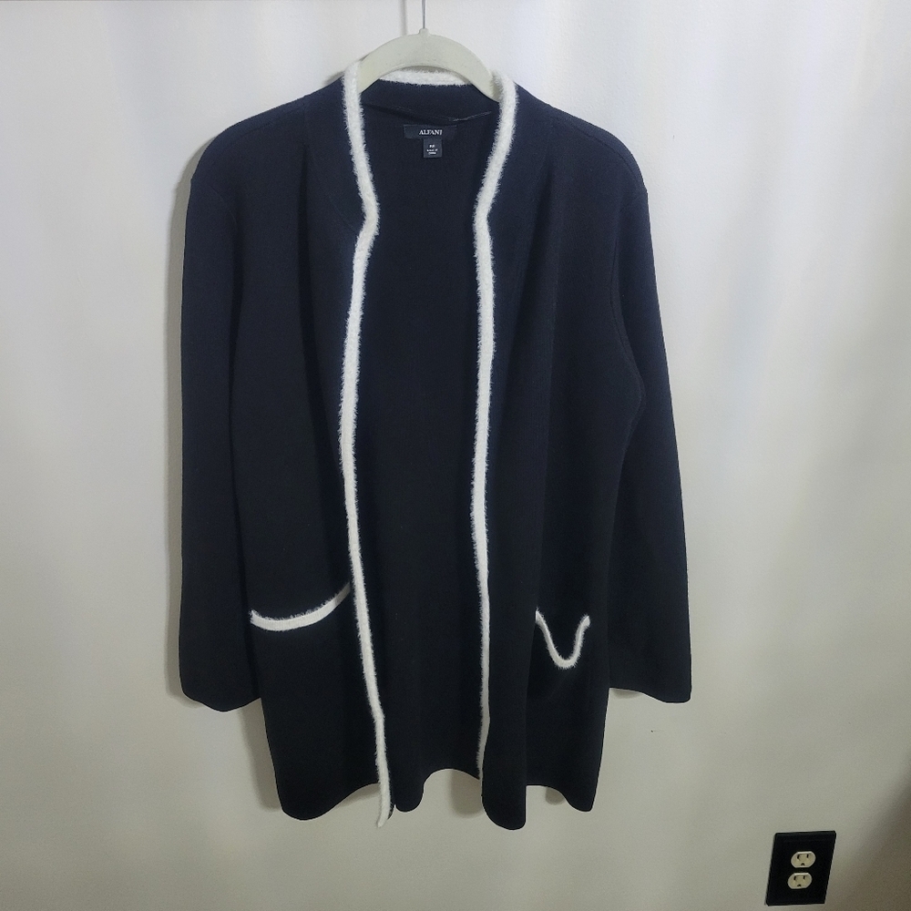 Alfani Eyelash Trim Open Cardigan Black Ivory Petite Medium PM